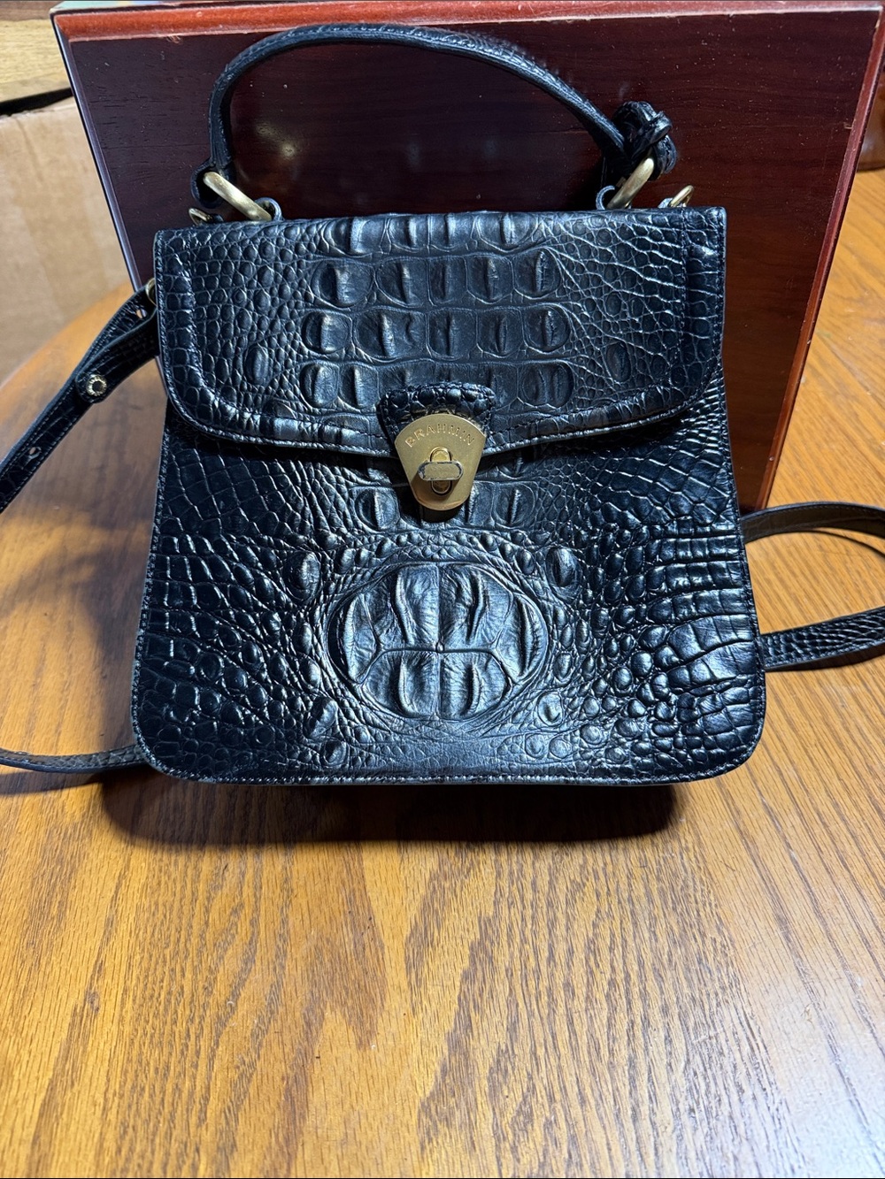 Brahmin Black Croc-Embossed Top-Handle Satchel with Brass Turn-Lock